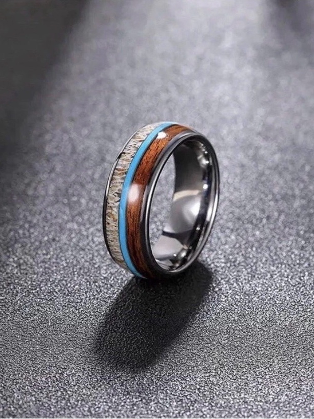 6mm Tungsten Ring Antler Turquoise Wood Inlay Comfort Fit